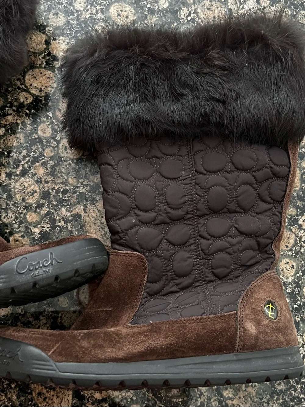 Coach Brown Quilted Suede Fur-Trim Boots